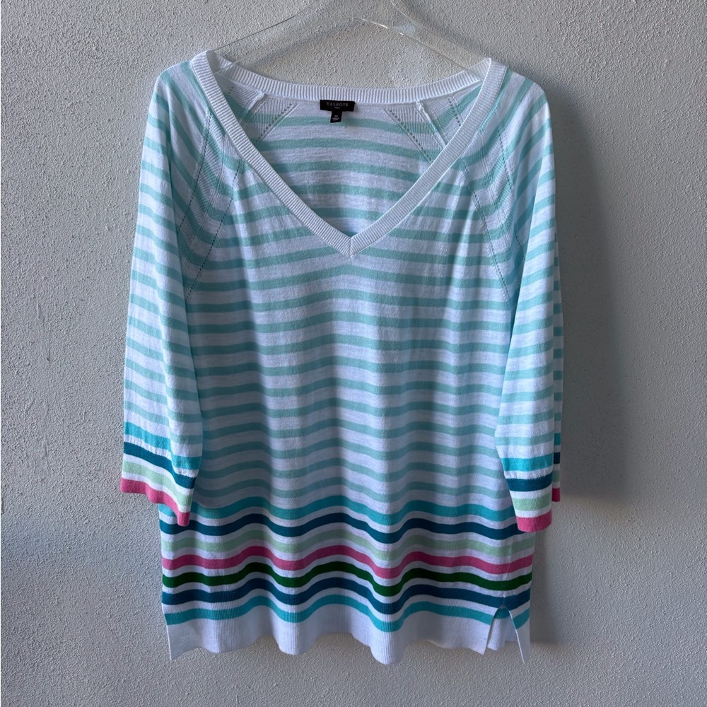 Talbots Paradise V-Neck 3/4 Sleeve 2X Cotton 
Stripe‎ Lightweight Sweater Casual